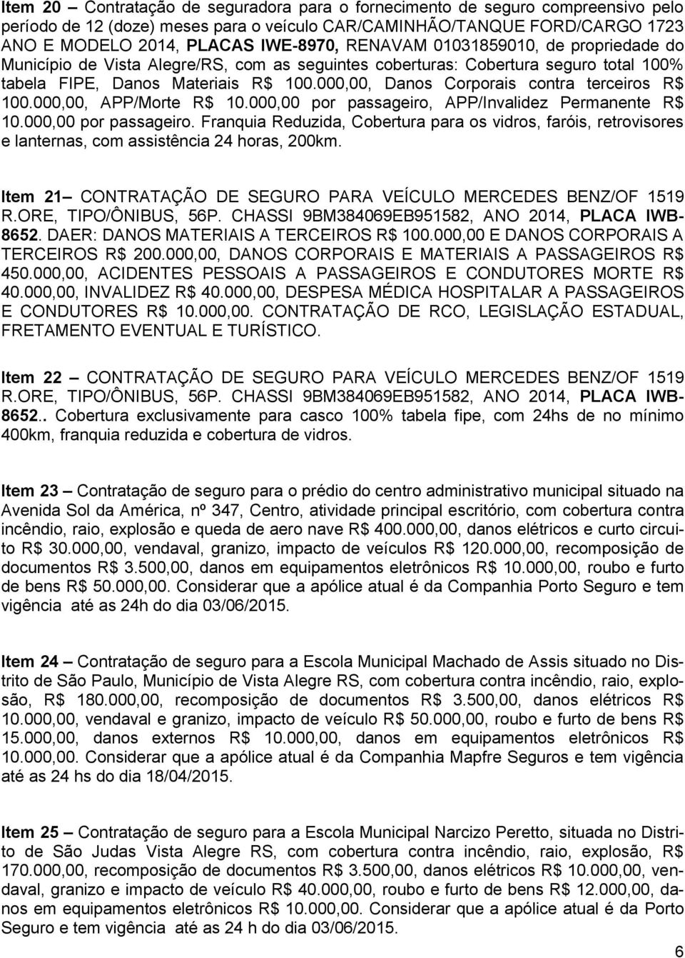 000,00, Danos Corporais contra terceiros R$ 100.000,00, APP/Morte R$ 10.000,00 por passageiro,