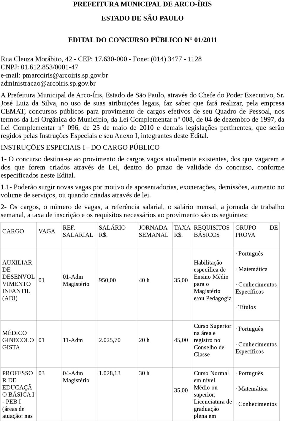 José Luiz da Silva, no uso de suas atribuições legais, faz saber que fará realizar, pela empresa CEMAT, concursos públicos para provimento de cargos efetivos de seu Quadro de Pessoal, nos termos da