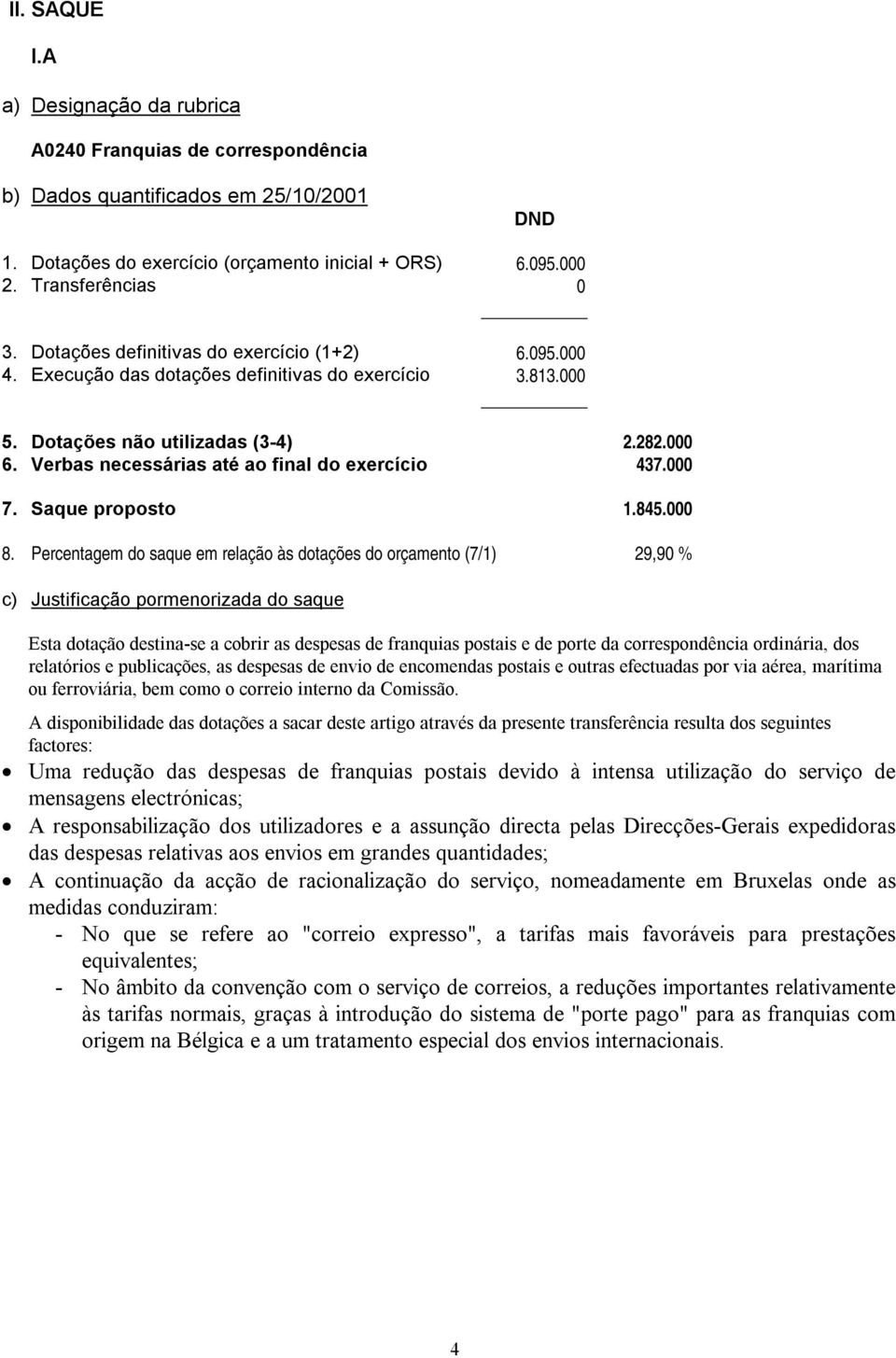 Percentagem do saque em relação às dotações do orçamento (7/1) 29,90 % c) Justificação pormenorizada do saque Esta dotação destina-se a cobrir as despesas de franquias postais e de porte da