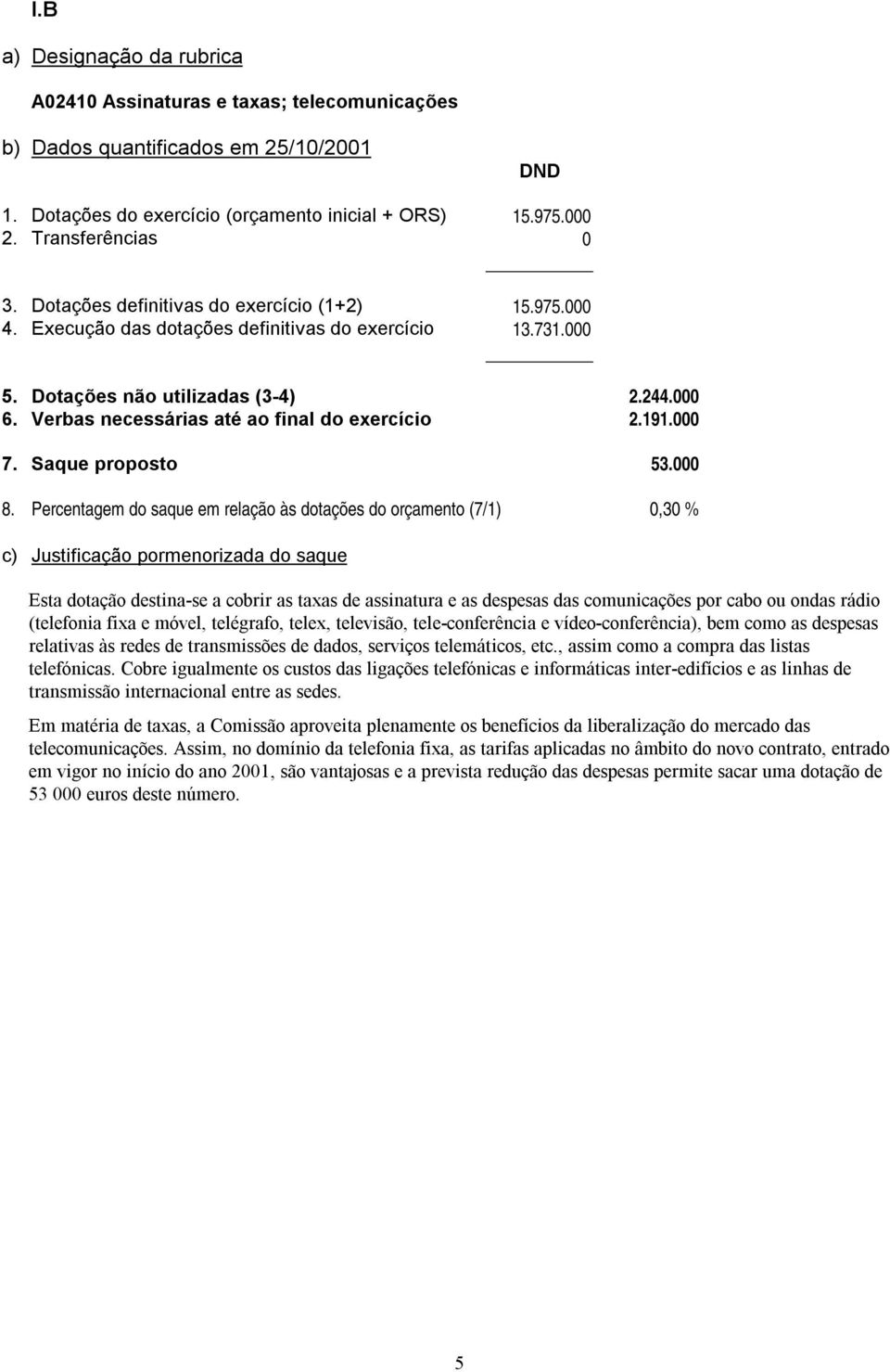 Percentagem do saque em relação às dotações do orçamento (7/1) 0,30 % c) Justificação pormenorizada do saque Esta dotação destina-se a cobrir as taxas de assinatura e as despesas das comunicações por