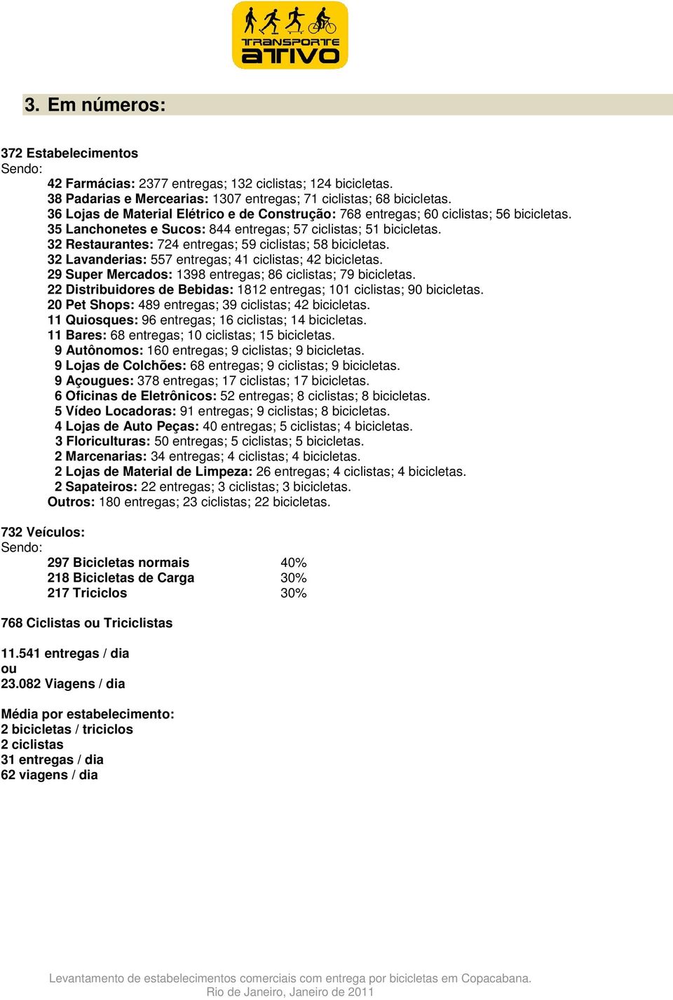 32 Restaurantes: 724 entregas; 59 ciclistas; 58 bicicletas. 32 Lavanderias: 557 entregas; 41 ciclistas; 42 bicicletas. 29 Super Mercados: 1398 entregas; 86 ciclistas; 79 bicicletas.