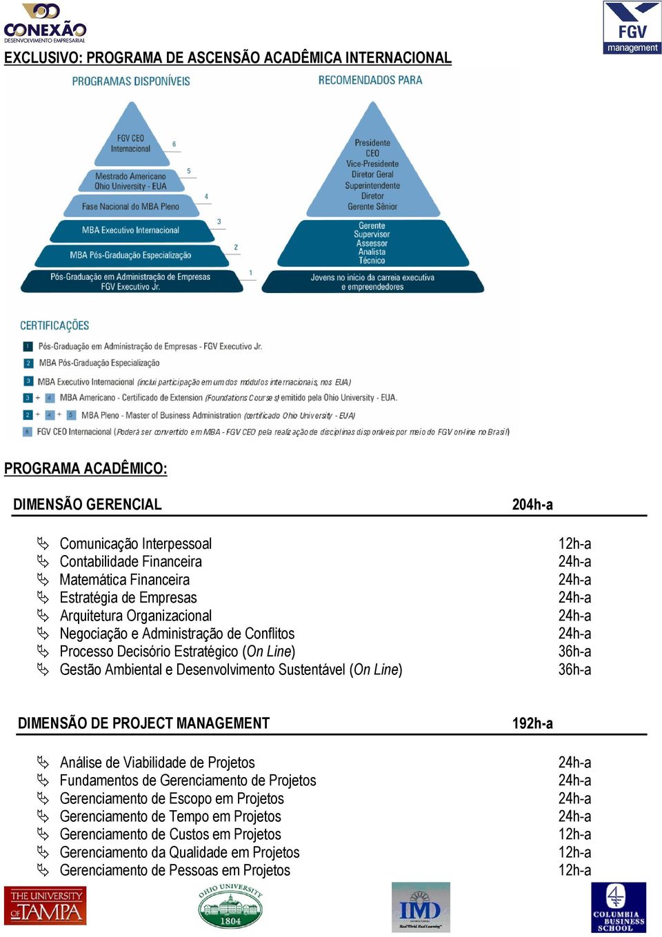 Sustentável (On Line) 12h-a 36h-a 36h-a DIMENSÃO DE PROJECT MANAGEMENT 192h-a Análise de Viabilidade de Projetos Fundamentos de Gerenciamento de Projetos Gerenciamento de