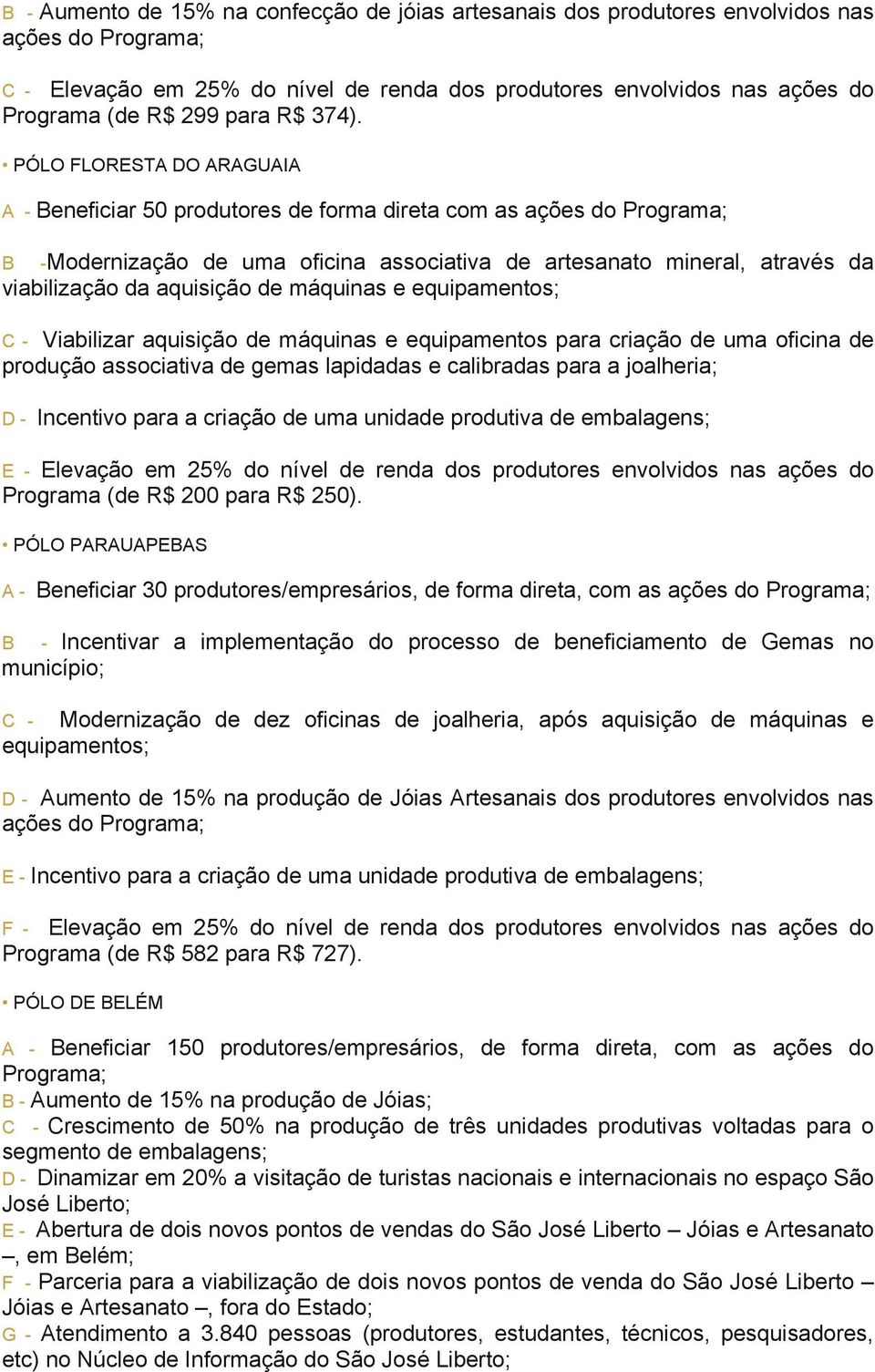 PÓLO FLORESTA DO ARAGUAIA A - Beneficiar 50 produtores de forma direta com as ações do Programa; B -Modernização de uma oficina associativa de artesanato mineral, através da viabilização da aquisição