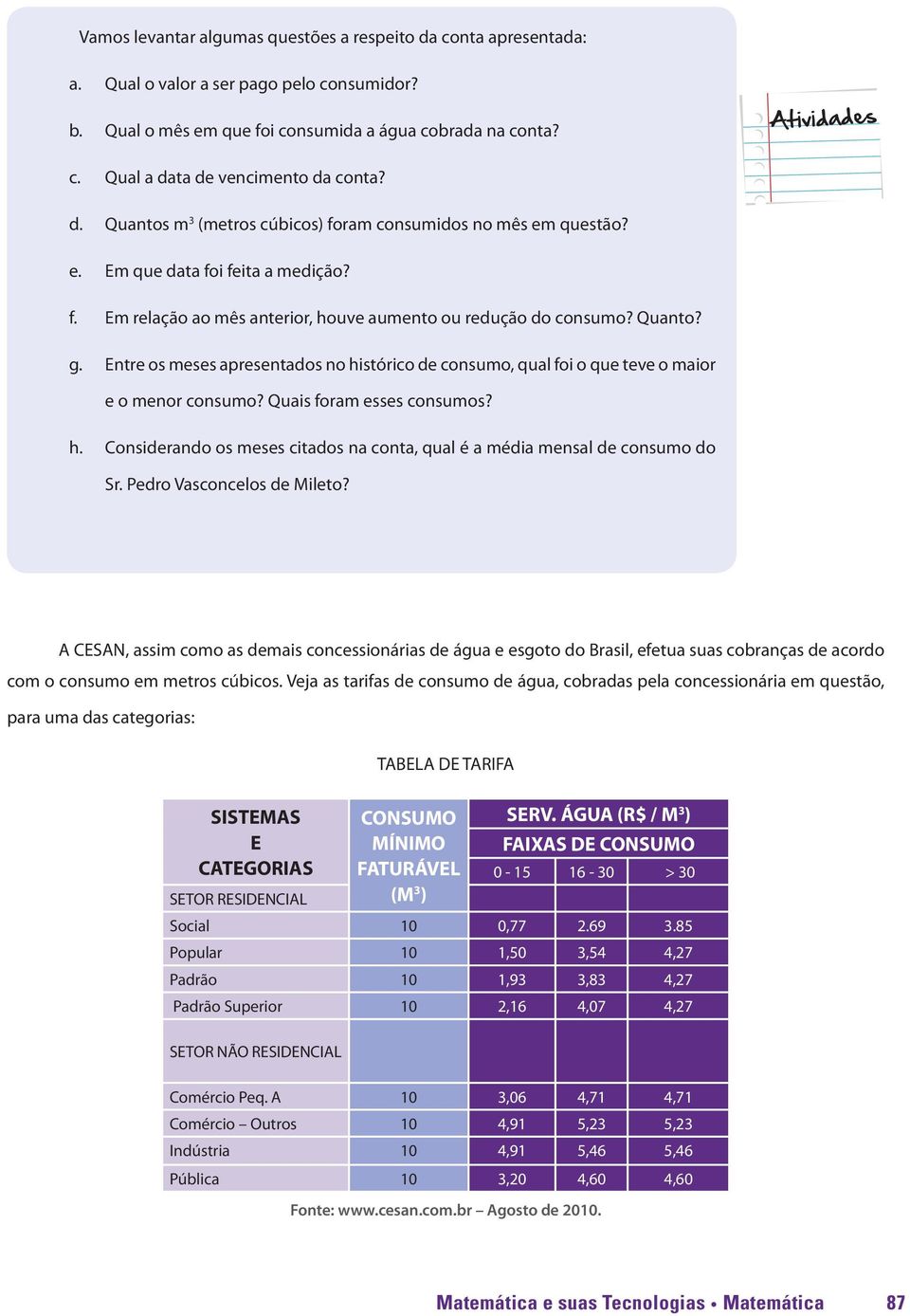 Quanto? g. Entre os meses apresentados no histórico de consumo, qual foi o que teve o maior e o menor consumo? Quais foram esses consumos? h. Considerando os meses citados na conta, qual é a média mensal de consumo do Sr.