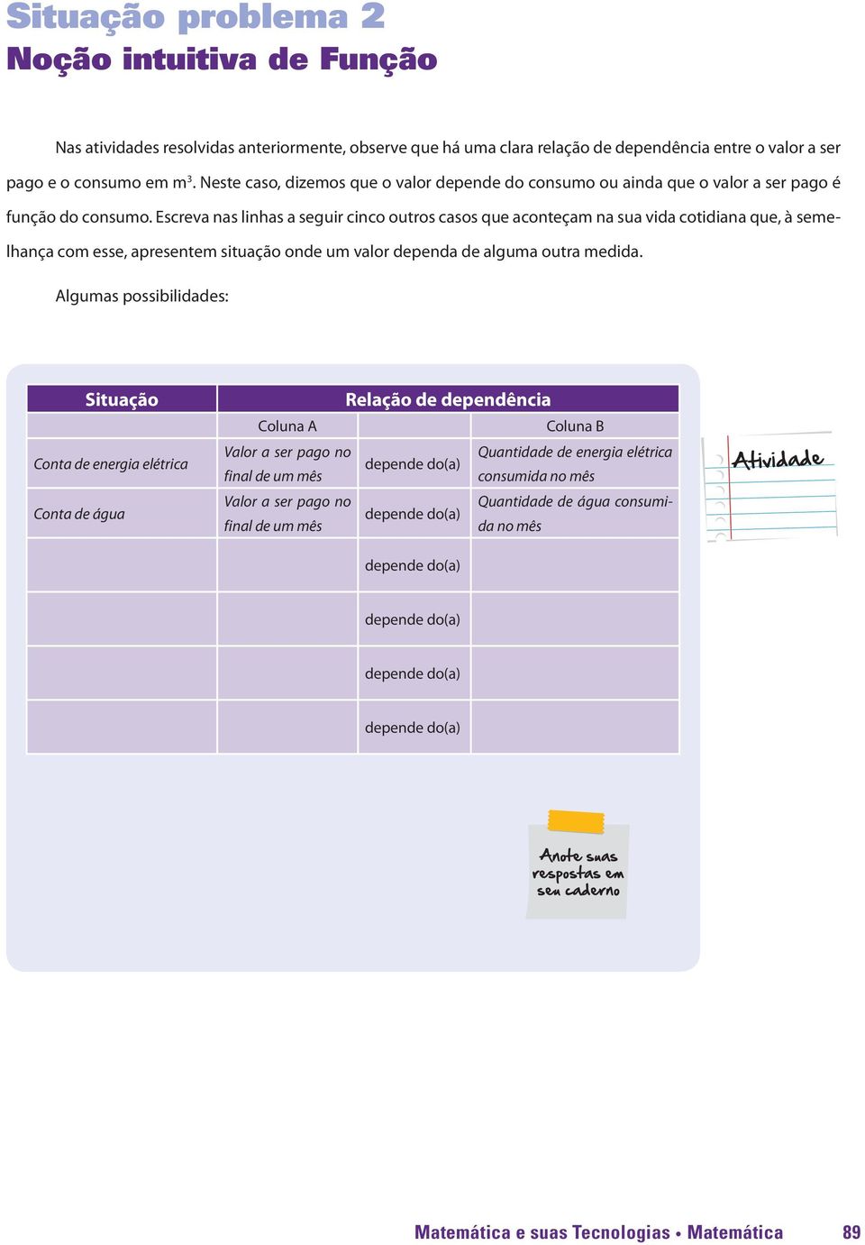 Escreva nas linhas a seguir cinco outros casos que aconteçam na sua vida cotidiana que, à semelhança com esse, apresentem situação onde um valor dependa de alguma outra medida.