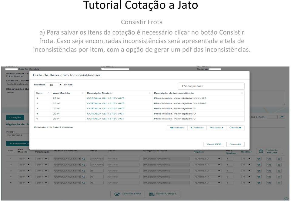 Caso seja encontradas inconsistências será apresentada a