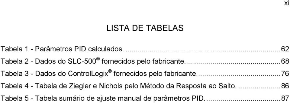 ..68 Tabela 3 - Dados do ControlLogix fornecidos pelo fabricante.