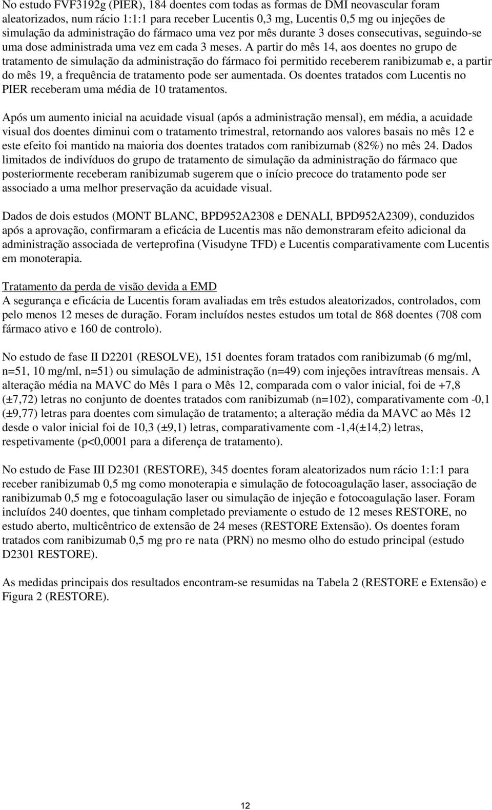 A partir do mês 14, aos doentes no grupo de tratamento de simulação da administração do fármaco foi permitido receberem ranibizumab e, a partir do mês 19, a frequência de tratamento pode ser