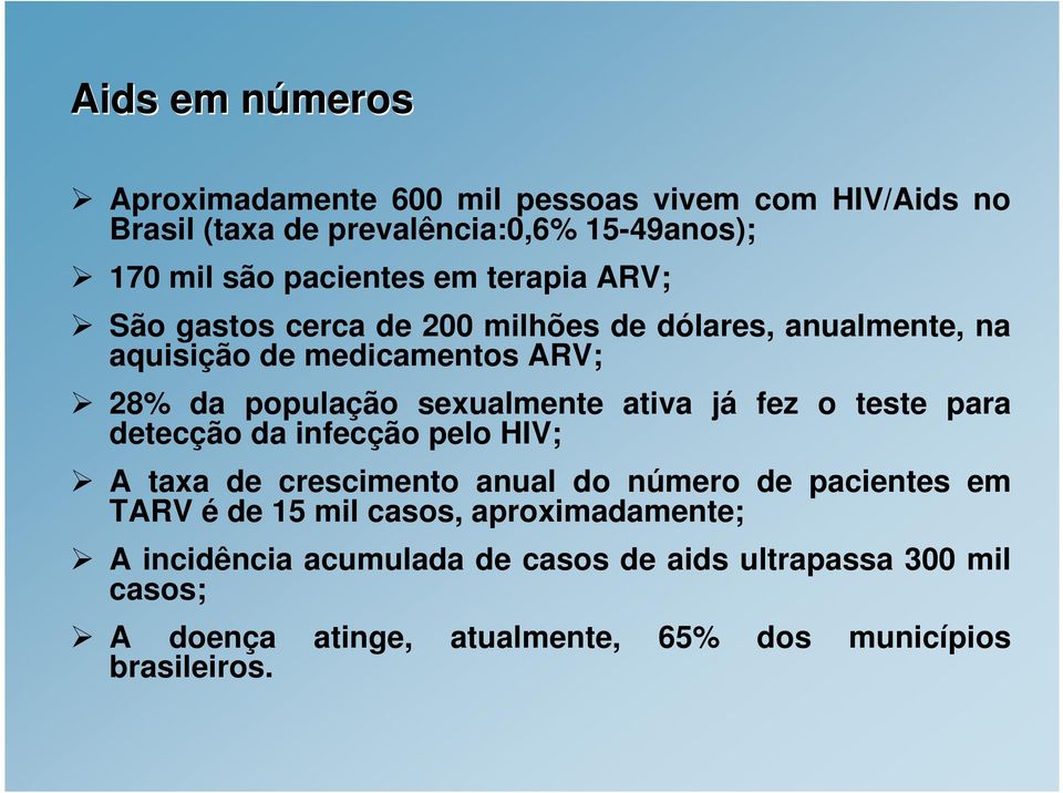 ativa já fez o teste para detecção da infecção pelo HIV; A taxa de crescimento anual do número de pacientes em TARV é de 15 mil casos,