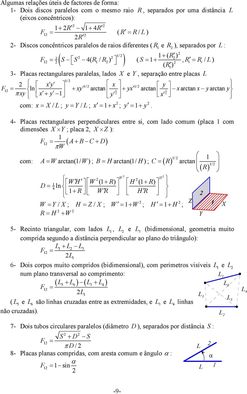 com: x X / L ; y Y / L ; x + x ; y + y 4- Placa rectangulare perpendculare entre, com lado comum (placa com dmenõe X Y ; placa, X Z : F ( A+ B C+ D πw / com: A W arctan(/ W ; B H arctan(/ H ; C ( R