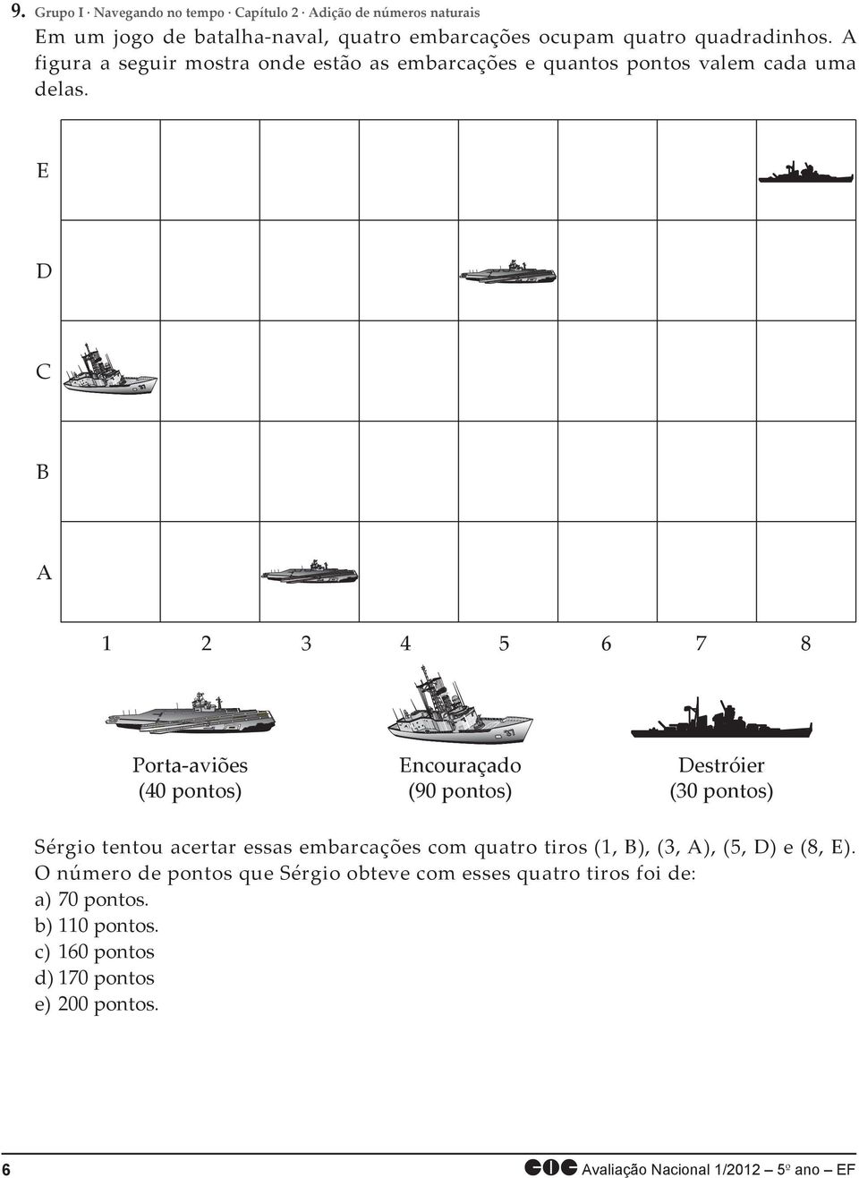 E D C B A 1 2 3 4 5 6 7 8 Porta-aviões (40 pontos) Encouraçado (90 pontos) Destróier (30 pontos) Sérgio tentou acertar essas embarcações com