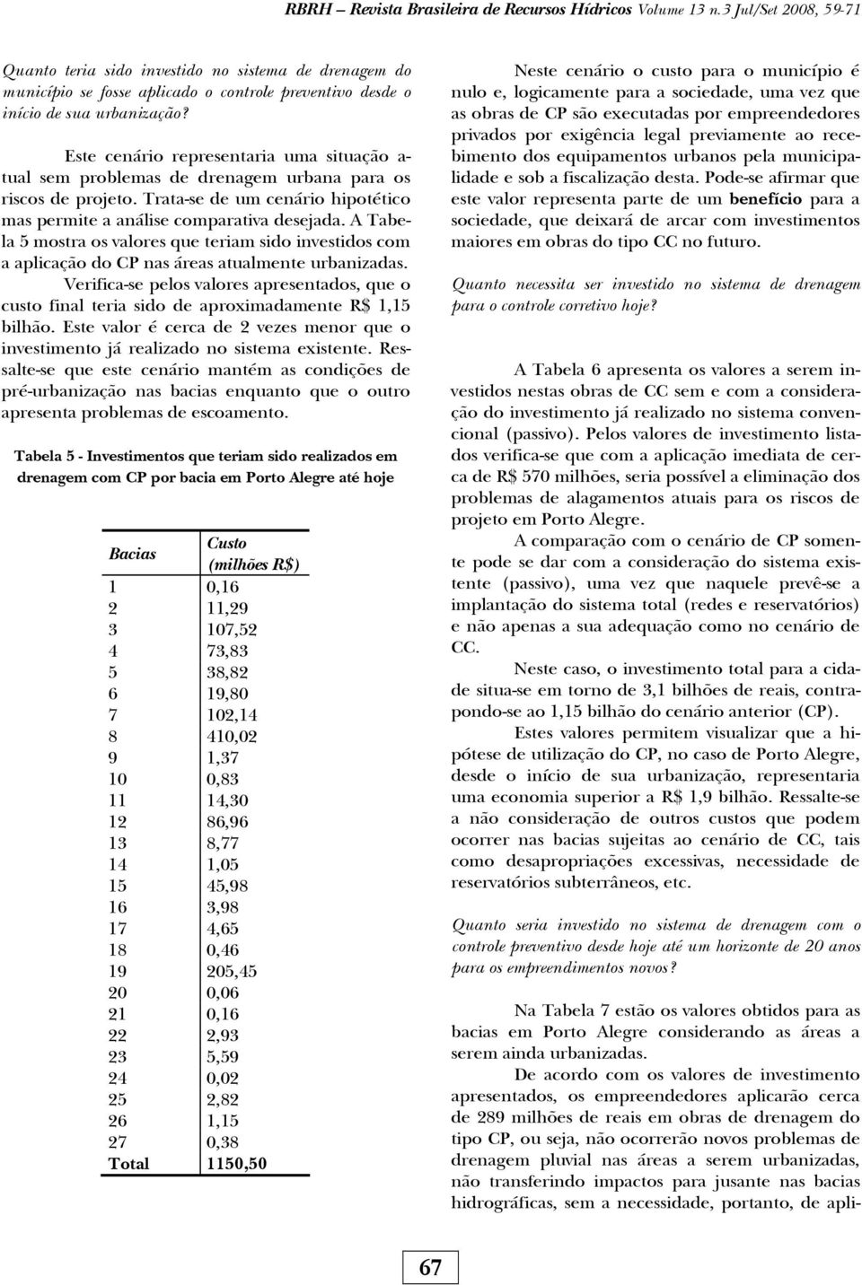 A Tabela 5 mostra os valores que teriam sido investidos com a aplicação do CP nas áreas atualmente urbanizadas.