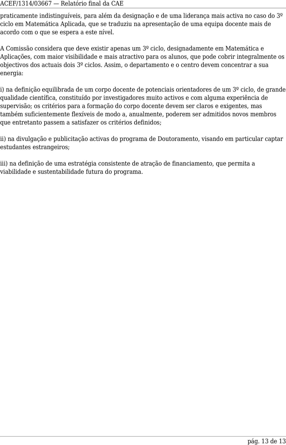 A Comissão considera que deve existir apenas um 3º ciclo, designadamente em Matemática e Aplicações, com maior visibilidade e mais atractivo para os alunos, que pode cobrir integralmente os