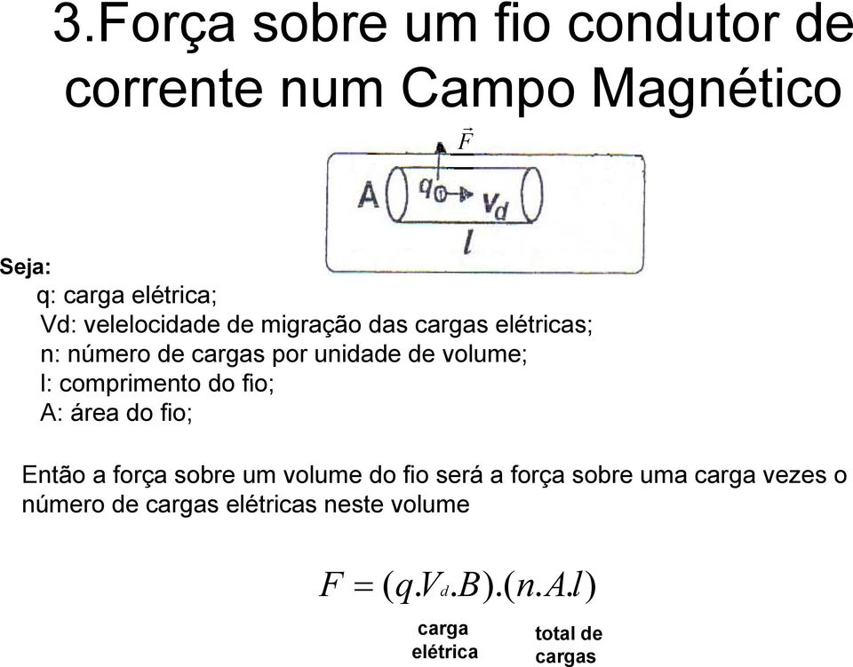 compimento do fio; A: áea do fio; Então a foça sobe um volume do fio seá a foça sobe uma