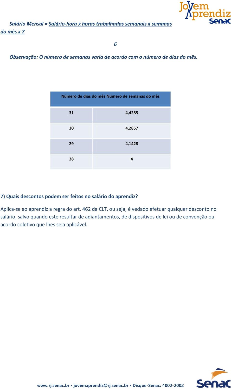 6 Número de dias do mês Número de semanas do mês 31 4,4285 30 4,2857 29 4,1428 28 4 7) Quais descontos podem ser feitos no salário do