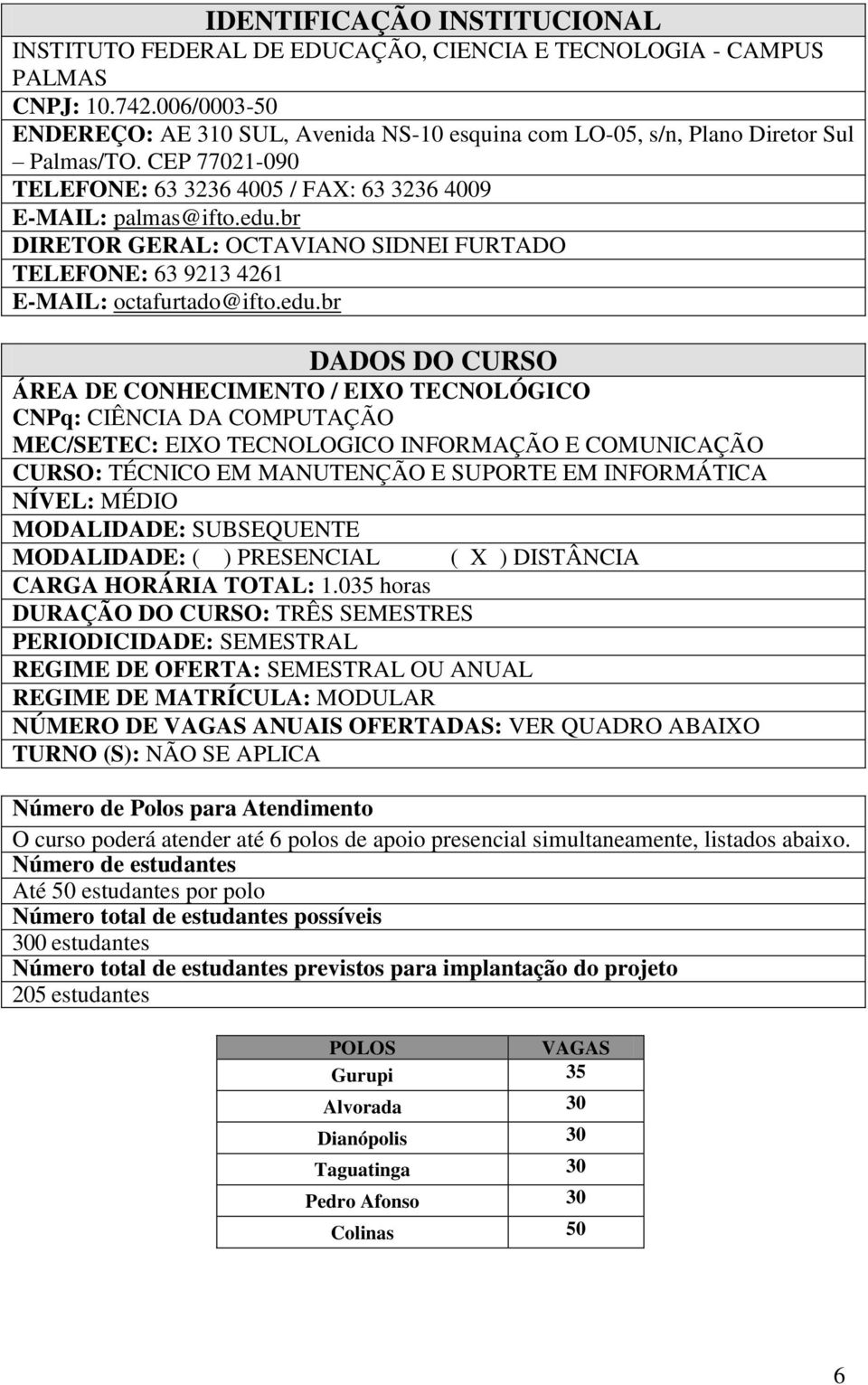 br DIRETOR GERAL: OCTAVIANO SIDNEI FURTADO TELEFONE: 63 9213 4261 E-MAIL: octafurtado@ifto.edu.