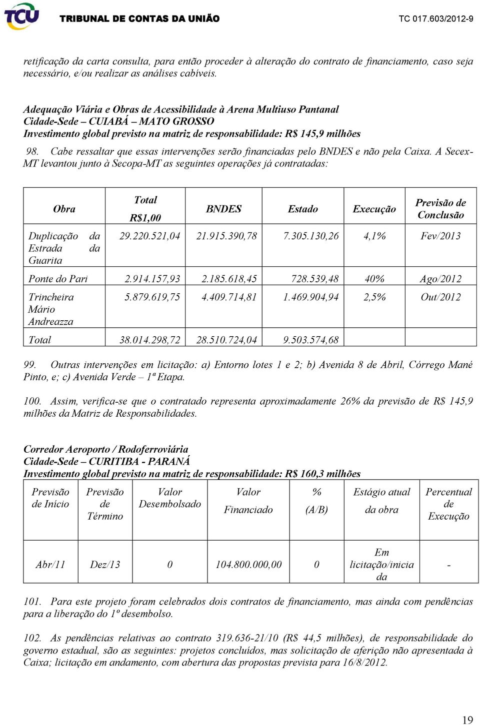 Cabe ressaltar que essas intervenções serão financiadas pelo BNDES e não pela Caixa.