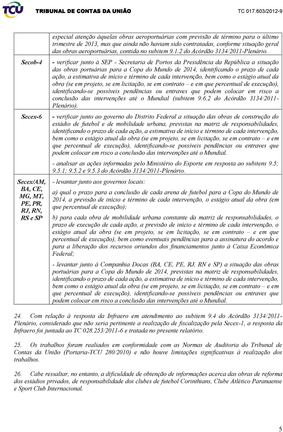 - verificar junto à SEP - Secretaria Portos da Presidência da República a situação das obras portuárias para a Copa do Mundo 2014, intificando o prazo cada ação, a estimativa início e término cada