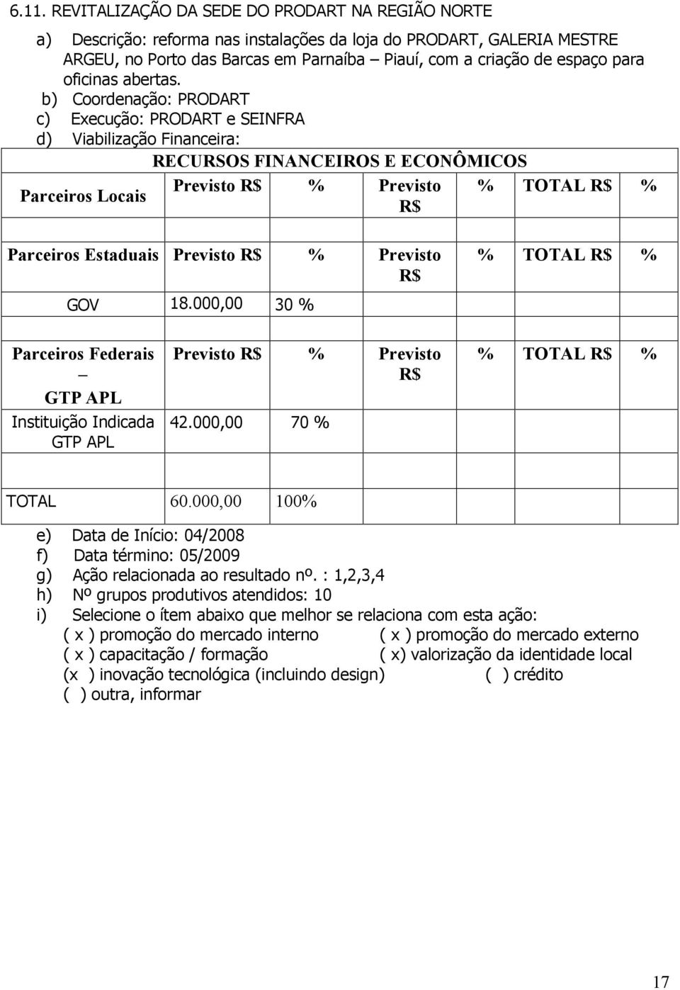 000,00 30 % % TOTAL % Instituição Indicada Previsto % Previsto 42.000,00 70 % % TOTAL % TOTAL 60.000,00 100% e) Data de Início: 04/2008 f) Data término: 05/2009 g) Ação relacionada ao resultado nº.