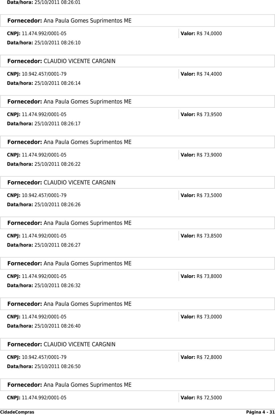 474.992/0001-05 Valor: R$ 73,8000 Data/hora: 25/10/2011 08:26:32 CNPJ: 11.474.992/0001-05 Valor: R$ 73,0000 Data/hora: 25/10/2011 08:26:40 CNPJ: 10.942.