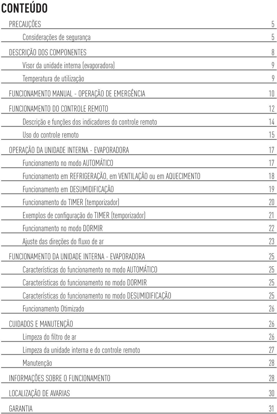 17 Funcionamento em REFRIGERAÇÃO, em VENTILAÇÃO ou em AQUECIMENTO 18 Funcionamento em DESUMIDIFICAÇÃO 19 Funcionamento do (temporizador) 20 Exemplos de confi guração do (temporizador) 21