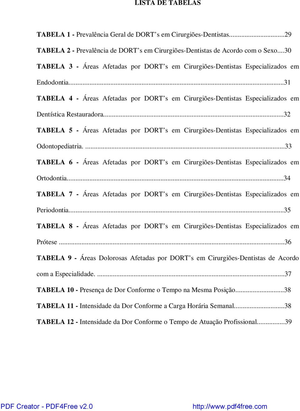 ..31 TABELA 4 - Áreas Afetadas por DORT s em Cirurgiões-Dentistas Especializados em Dentística Restauradora.