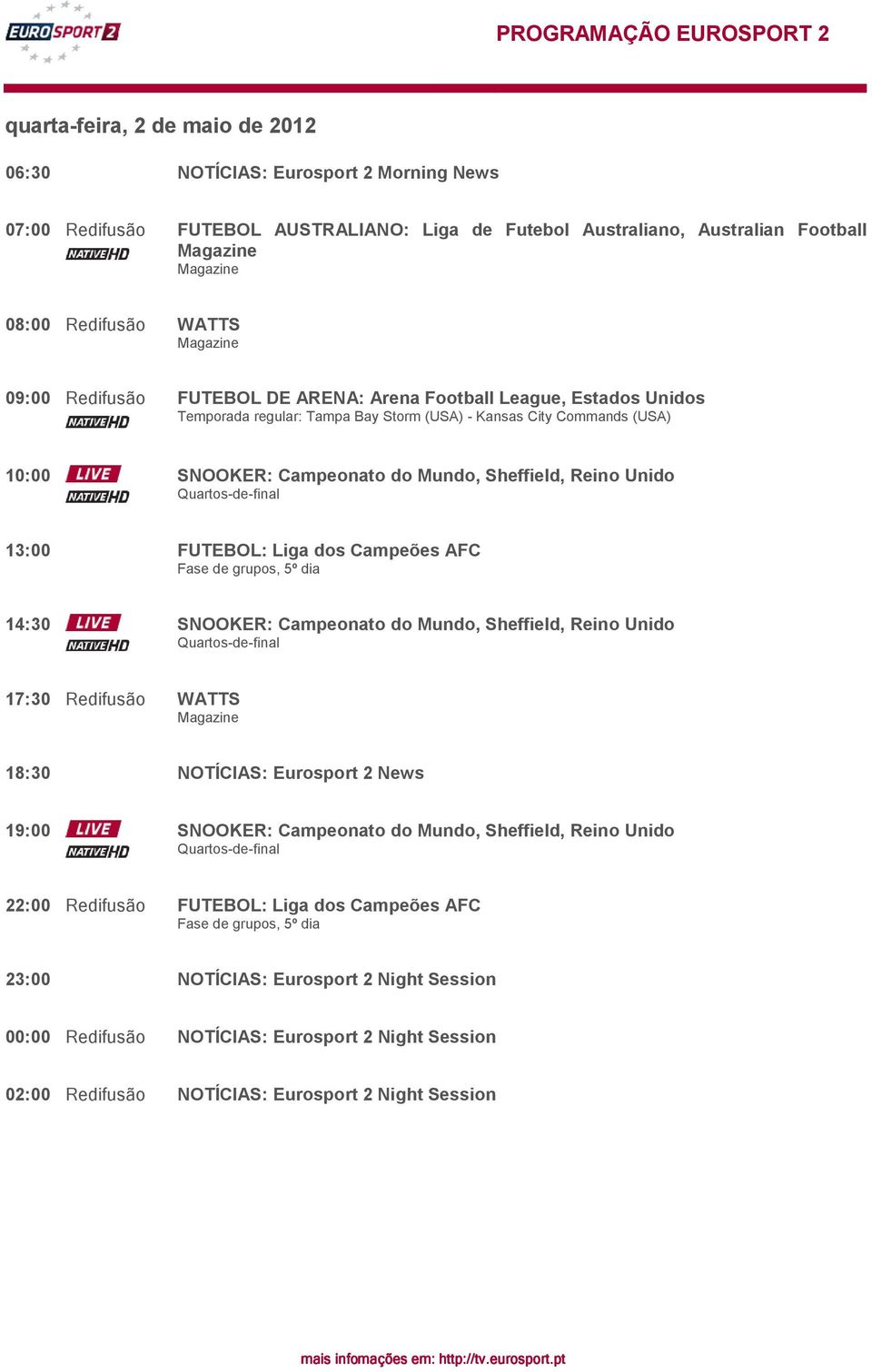 Reino Unido Quartos-de-final 13:00 FUTEBOL: Liga dos Campeões AFC, 5º dia 14:30 SNOOKER: Campeonato do Mundo, Sheffield, Reino Unido Quartos-de-final 17:30 Redifusão