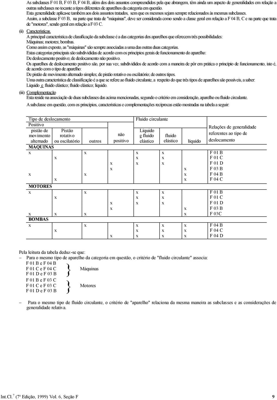 Assim, a subclasse F 03 B, na parte que trata de "máquinas", deve ser considerada como sendo a classe geral em relação a F 04 B, C e na parte que trata de "motores", sendo geral em relação a F 03 C.