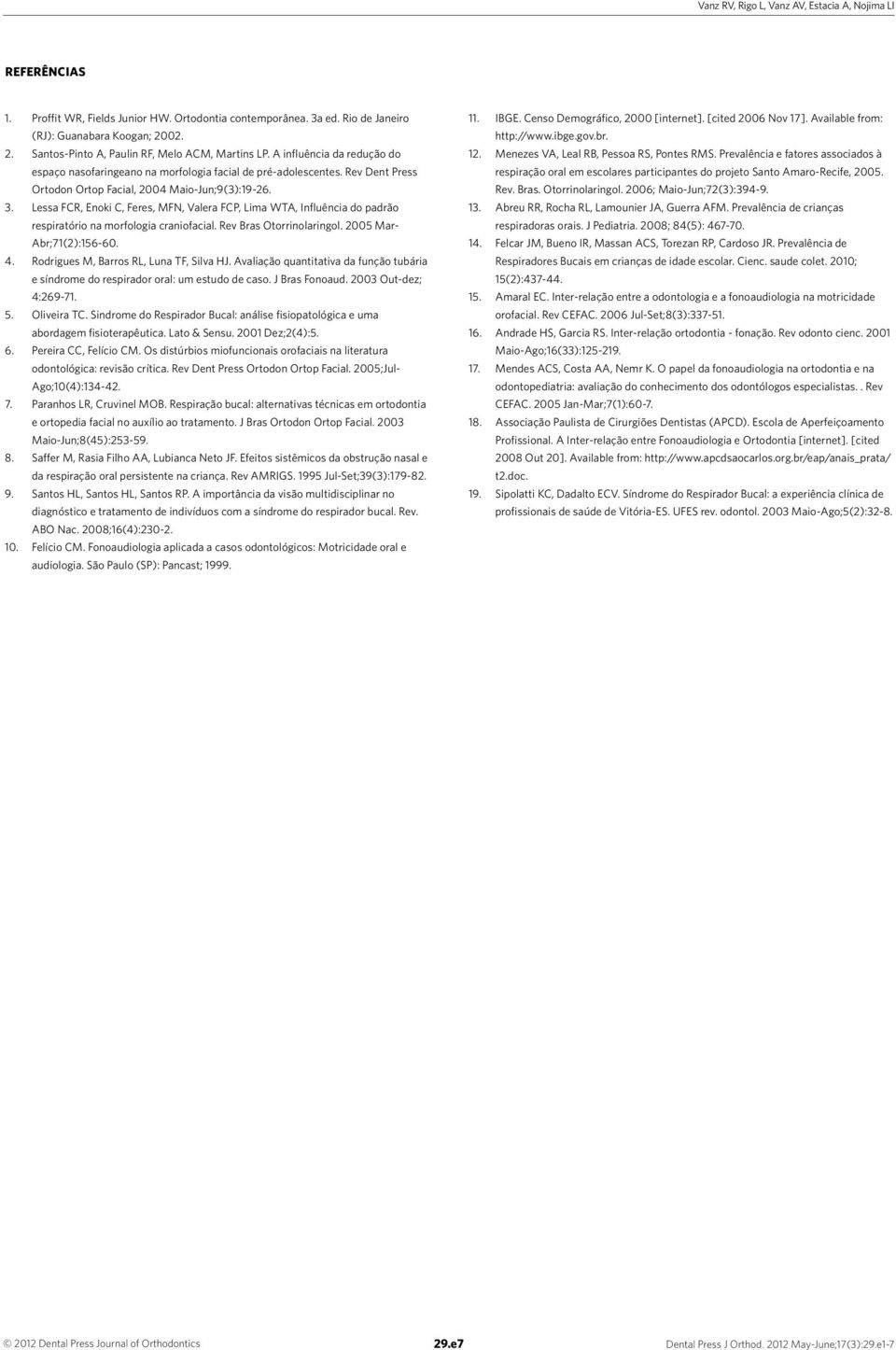 Rev Dent Press Ortodon Ortop Facial, 2004 Maio-Jun;9(3):19-26. 3. Lessa FCR, Enoki C, Feres, MFN, Valera FCP, Lima WTA, Influência do padrão respiratório na morfologia craniofacial.