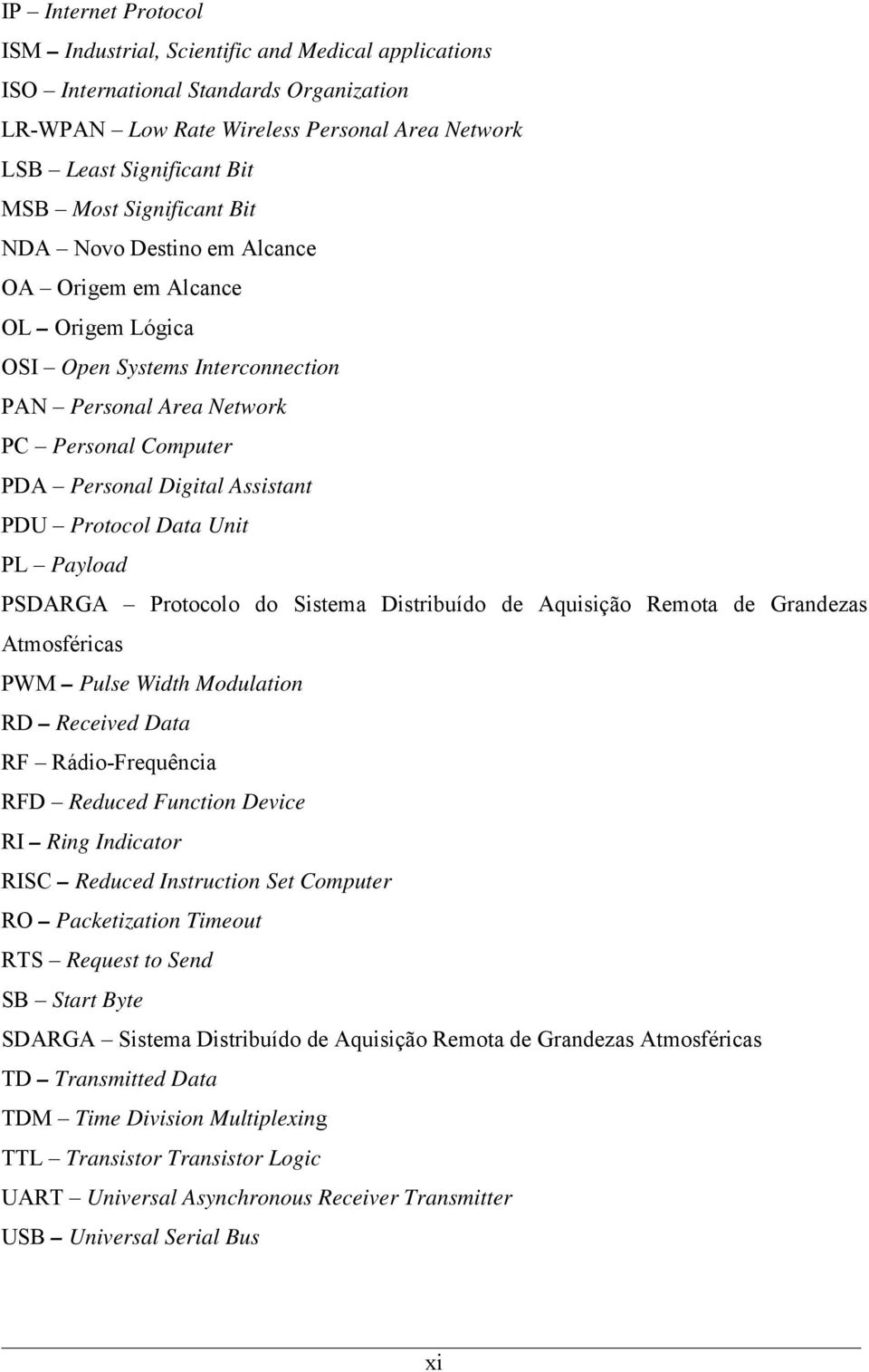 Protocol Data Unit PL Payload PSDARGA Protocolo do Sistema Distribuído de Aquisição Remota de Grandezas Atmosféricas PWM Pulse Width Modulation RD Received Data RF Rádio-Frequência RFD Reduced