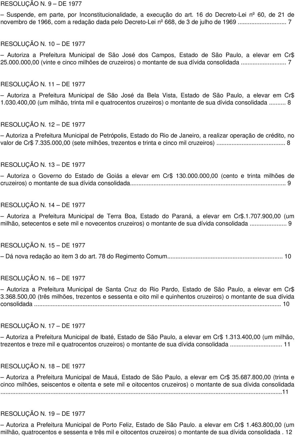 10 DE 1977 Autoriza a Prefeitura Municipal de São José dos Campos, Estado de São Paulo, a elevar em Cr$ 25.000.000,00 (vinte e cinco milhões de cruzeiros) o montante de sua dívida consolidada.