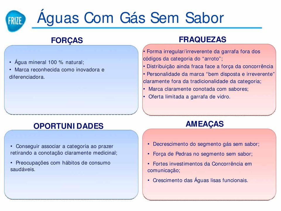 irreverente claramente fora da tradicionalidade da categoria; Marca claramente conotada com sabores; Oferta limitada a garrafa de vidro.