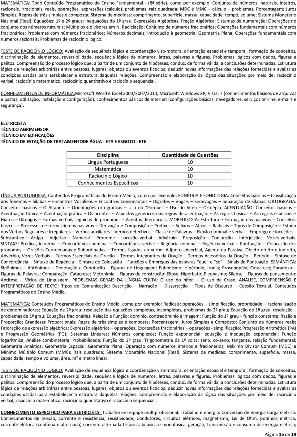 Sistema Monetário Nacional (Real); Equações: 1º e 2º graus; Inequações do 1º grau; Expressões Algébricas; Fração Algébrica; Sistemas de numeração; Operações no conjunto dos números naturais;