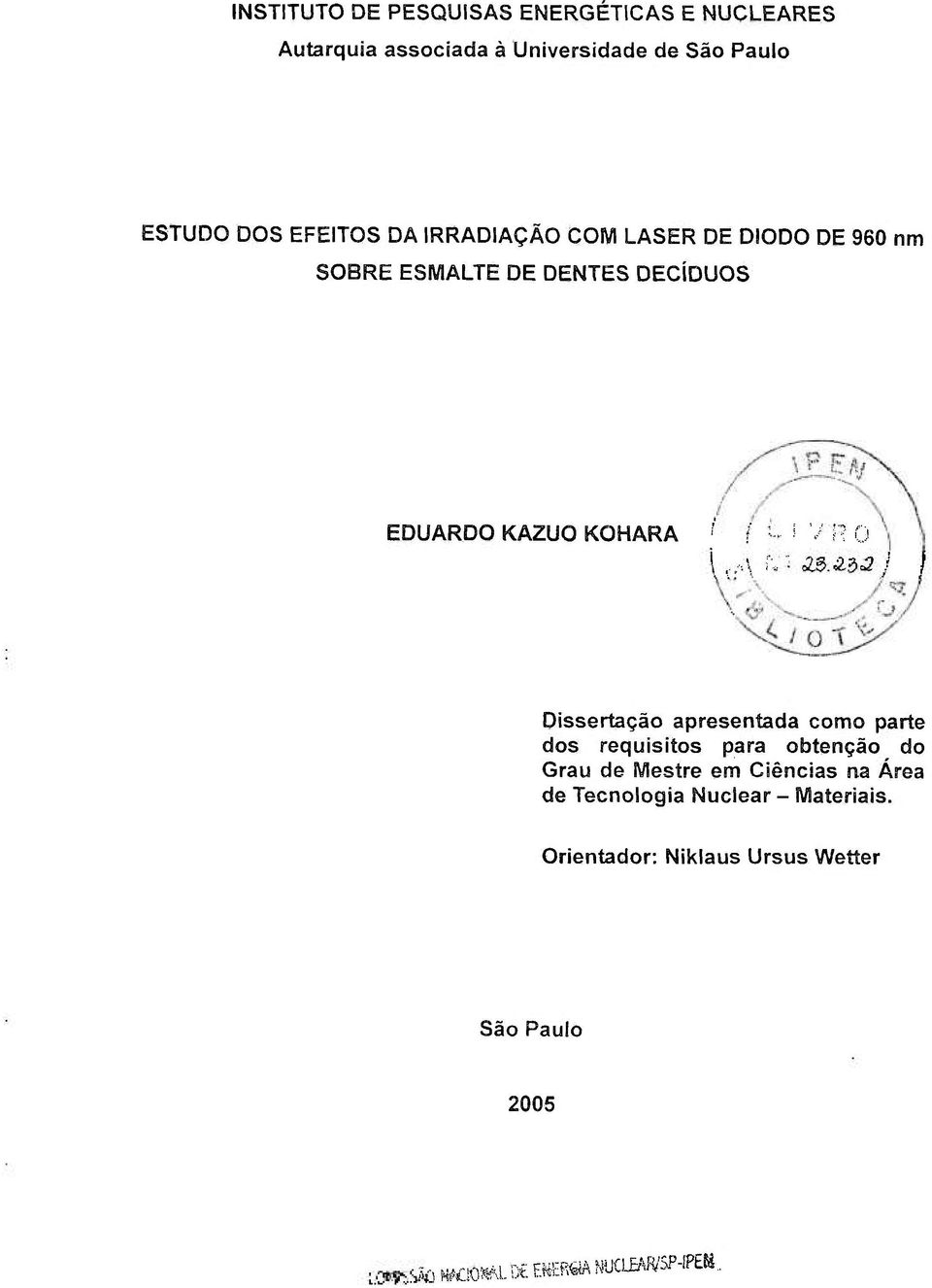 V ;< ü Dissertação apresentada como parte dos requisitos para obtenção do Grau de Mestre em Ciências na Área