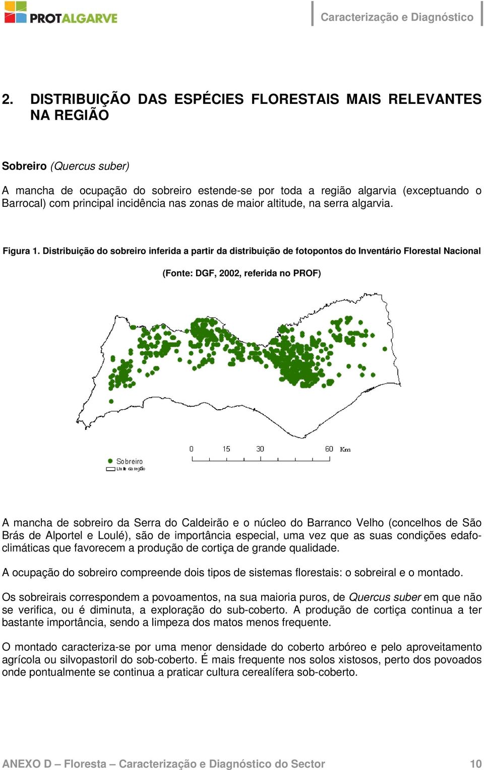 Distribuição do sobreiro inferida a partir da distribuição de fotopontos do Inventário Florestal Nacional (Fonte: DGF, 2002, referida no PROF) A mancha de sobreiro da Serra do Caldeirão e o núcleo do