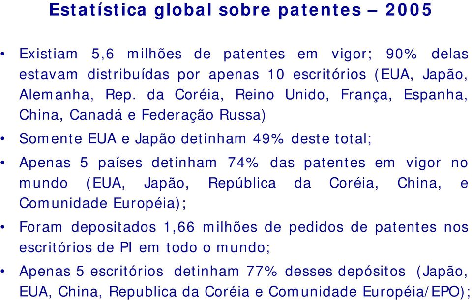 da Coréia, Reino Unido, França, Espanha, China, Canadá e Federação Russa) Somente EUA e Japão detinham 49% deste total; Apenas 5 países detinham 74% das