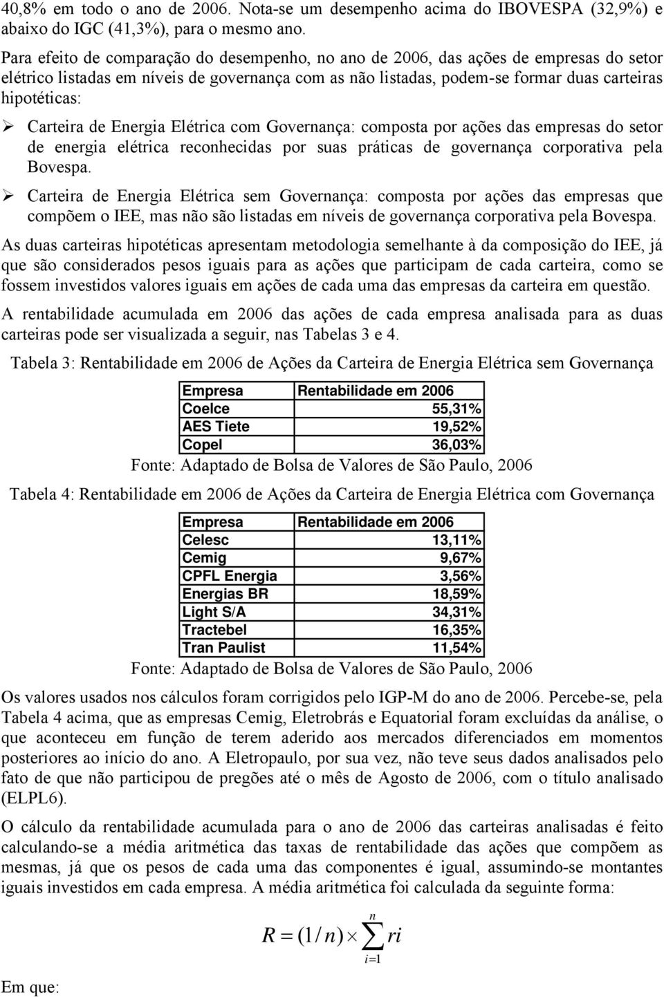 Carteira de Energia Elétrica com Governança: composta por ações das empresas do setor de energia elétrica reconhecidas por suas práticas de governança corporativa pela Bovespa.