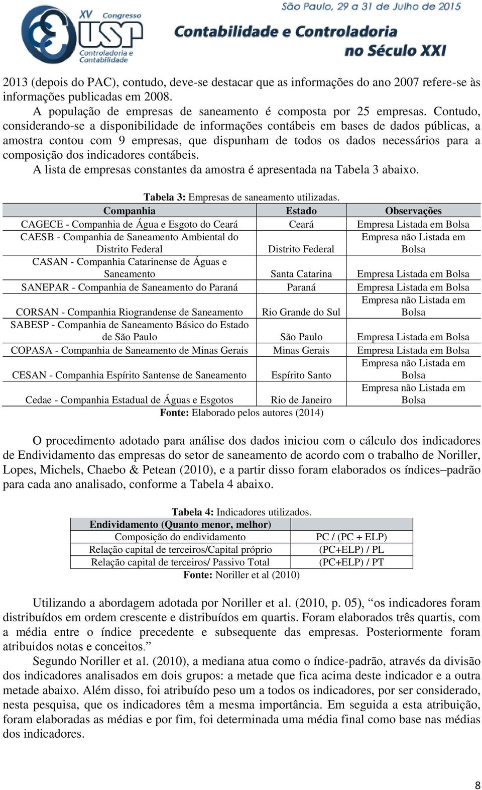 indicadores contábeis. A lista de empresas constantes da amostra é apresentada na Tabela 3 abaixo. Tabela 3: Empresas de saneamento utilizadas.