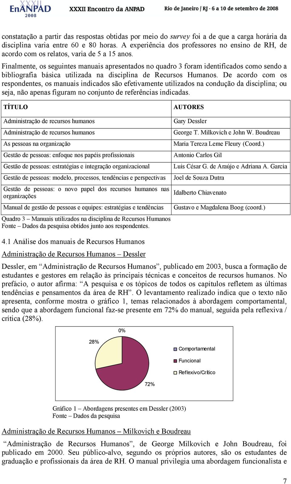 Finalmente, os seguintes manuais apresentados no quadro 3 foram identificados como sendo a bibliografia básica utilizada na disciplina de Recursos Humanos.