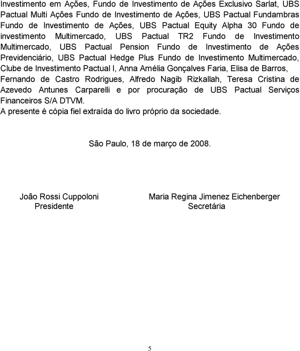 de Investimento Multimercado, Clube de Investimento Pactual I, Anna Amélia Gonçalves Faria, Elisa de Barros, Fernando de Castro Rodrigues, Alfredo Nagib Rizkallah, Teresa Cristina de Azevedo Antunes