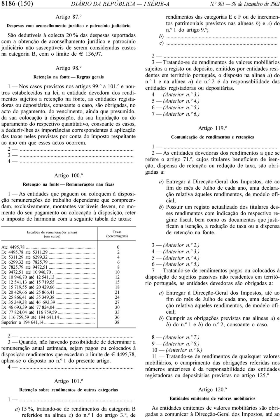 de serem consideradas custos na categoria B, com o limite de 136,97. Artigo 98.º Retenção na fonte Regras gerais 1 Nos casos previstos nos artigos 99.º a 101.