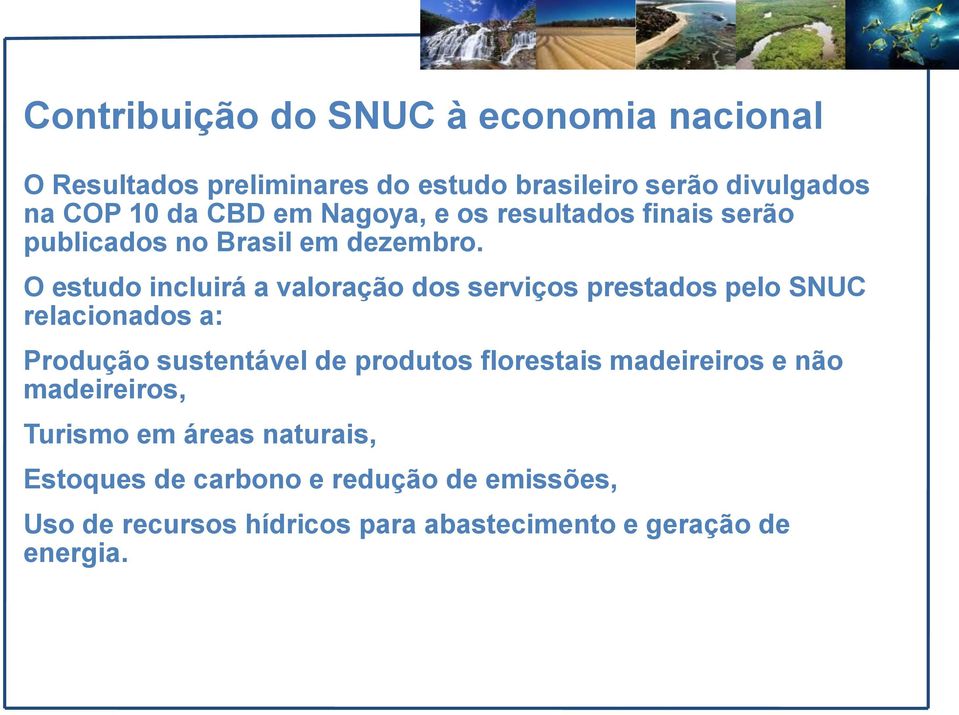 O estudo incluirá a valoração dos serviços prestados pelo SNUC relacionados a: Produção sustentável de produtos