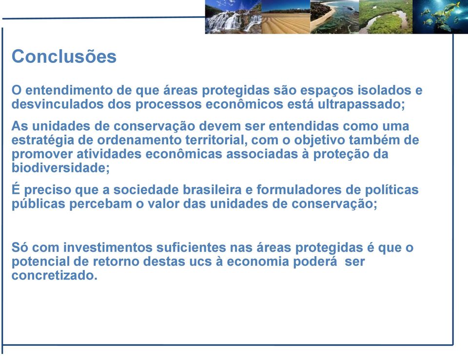 associadas à proteção da biodiversidade; É preciso que a sociedade brasileira e formuladores de políticas públicas percebam o valor das