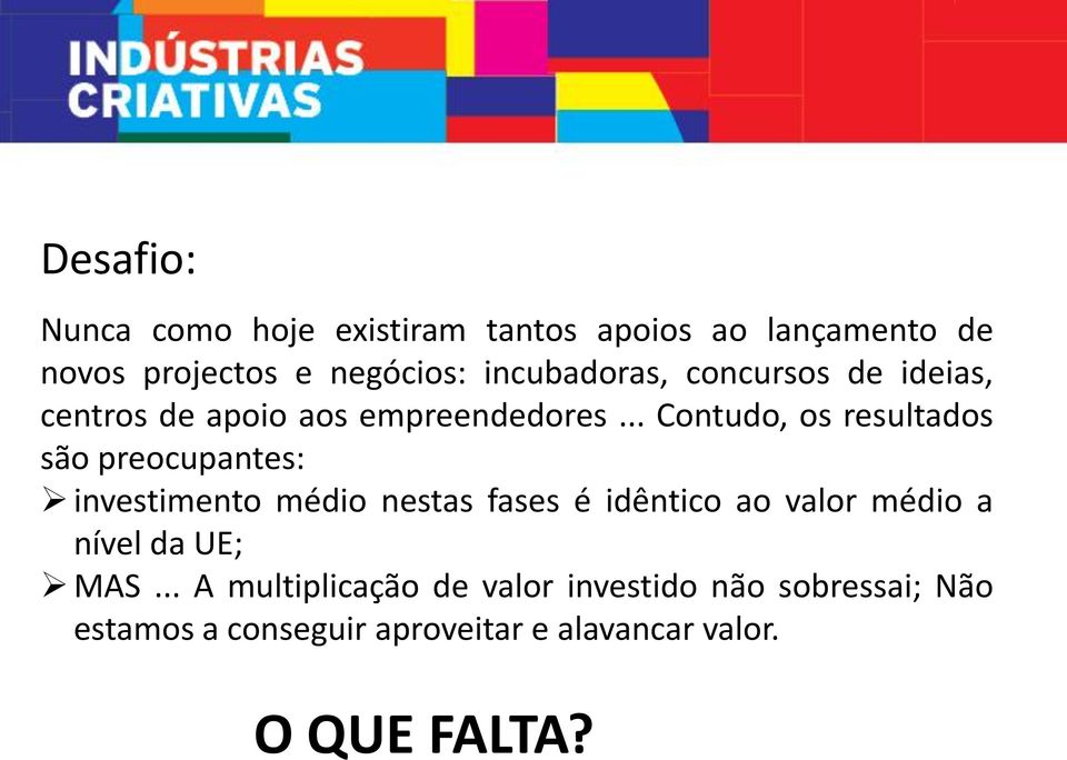 .. Contudo, os resultados são preocupantes: investimento médio nestas fases é idêntico ao valor