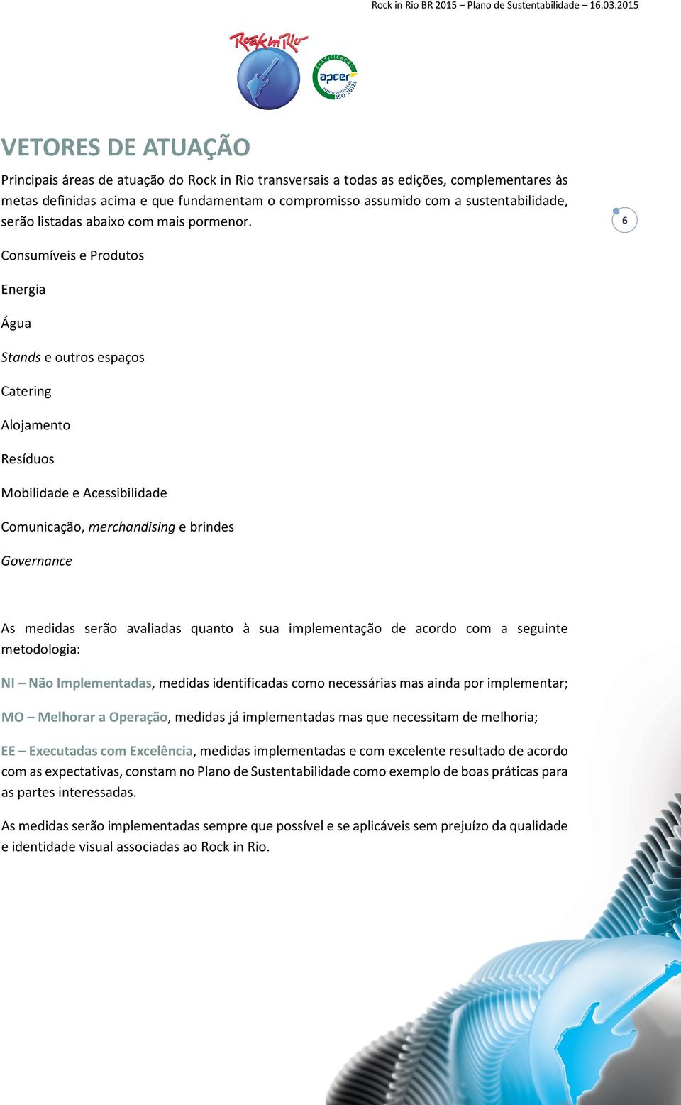 6 Consumíveis e Produtos Energia Água Stands e outros espaços Catering Alojamento Resíduos Mobilidade e Acessibilidade Comunicação, merchandising e brindes Governance As medidas serão avaliadas