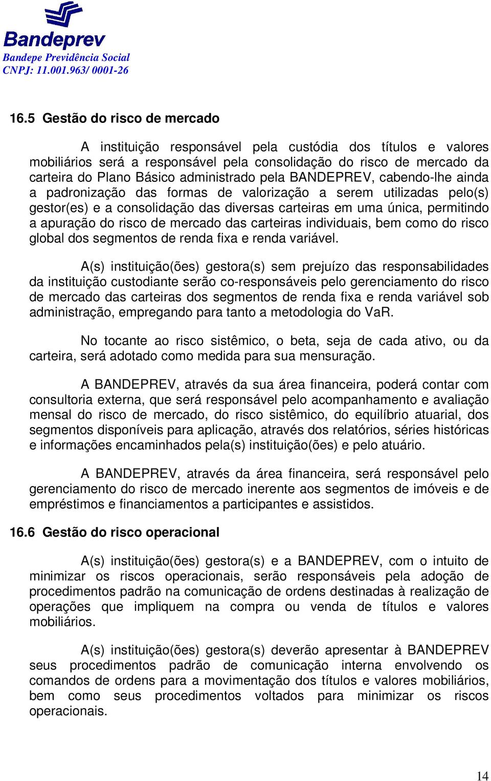 apuração do risco de mercado das carteiras individuais, bem como do risco global dos segmentos de renda fixa e renda variável.