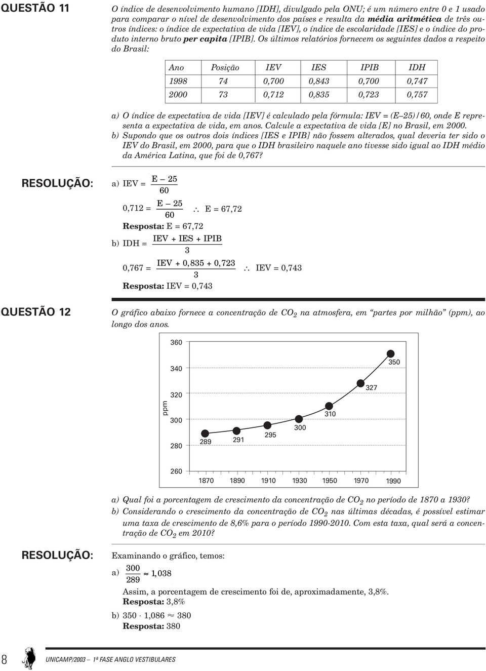 Os últimos relatórios fornecem os seguintes dados a respeito do Brasil: Ano Posição IEV IES IPIB IDH 1998 74 0,700 0,843 0,700 0,747 2000 73 0,712 0,835 0,723 0,757 a) O índice de expectativa de vida