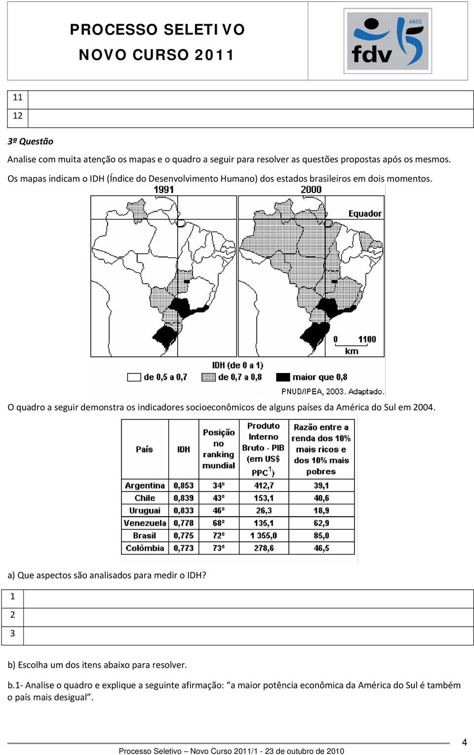 O quadro a seguir demonstra os indicadores socioeconômicos de alguns países da América do Sul em 00.