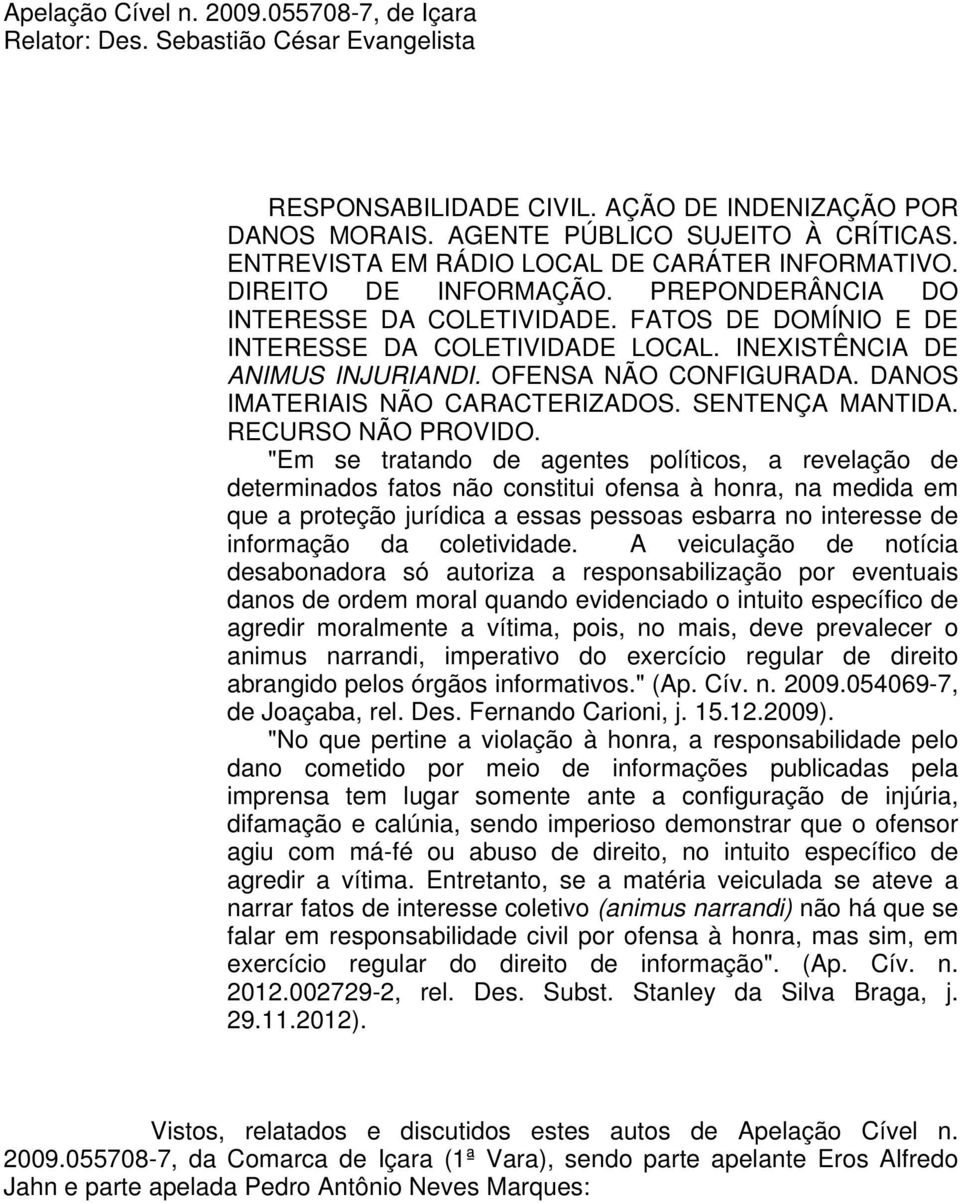 INEXISTÊNCIA DE ANIMUS INJURIANDI. OFENSA NÃO CONFIGURADA. DANOS IMATERIAIS NÃO CARACTERIZADOS. SENTENÇA MANTIDA. RECURSO NÃO PROVIDO.