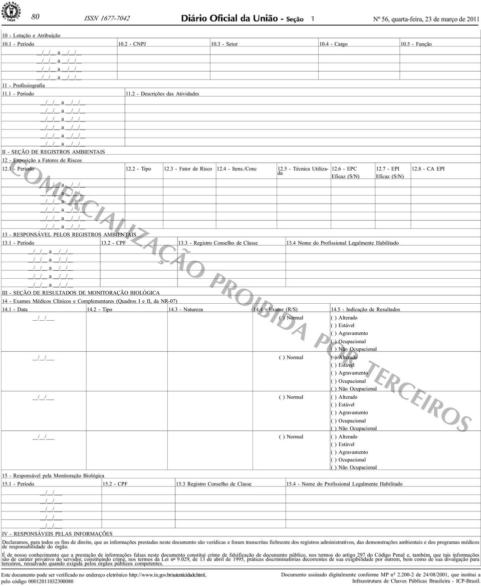 4 - Itens./Conc 12.5 - Técnica Utilizada 12.6 - EPC Eficaz (S/N) 13 - RESPONSÁVEL PELOS REGISTROS AMBIENTAIS pelo código 00012011032300080 12.7 - EPI Eficaz (S/N) 13.1 - Período 13.2 - CPF 13.